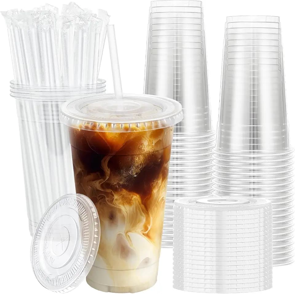 Lamosi 100 Pack 20 oz Plastic Coffee Cups with Lids, Disposable Clear Cups