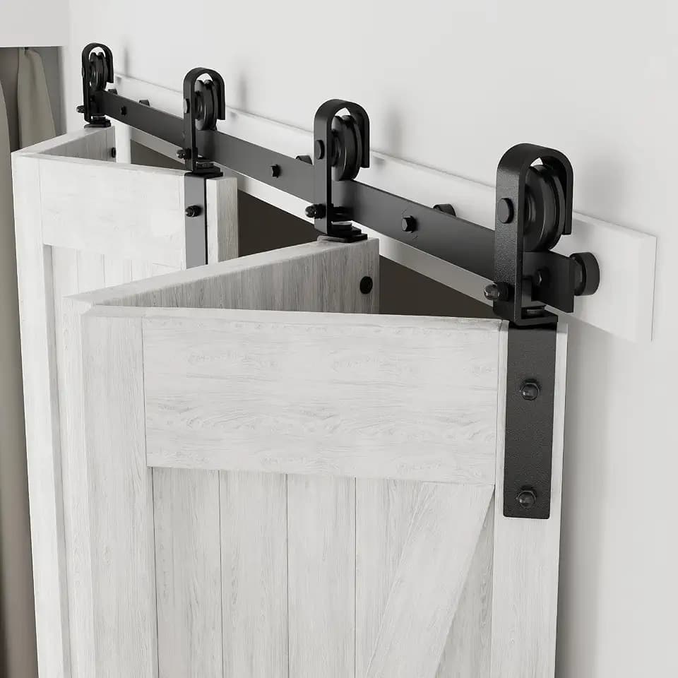 CCJH 30"-96" Bi-Folding Sliding Barn Door Hardware Kit for 2 Doors,Slide Smoothly Quietly,Black Track J Shape Roller,No Door (5FT for 4 Doors (No Door))
