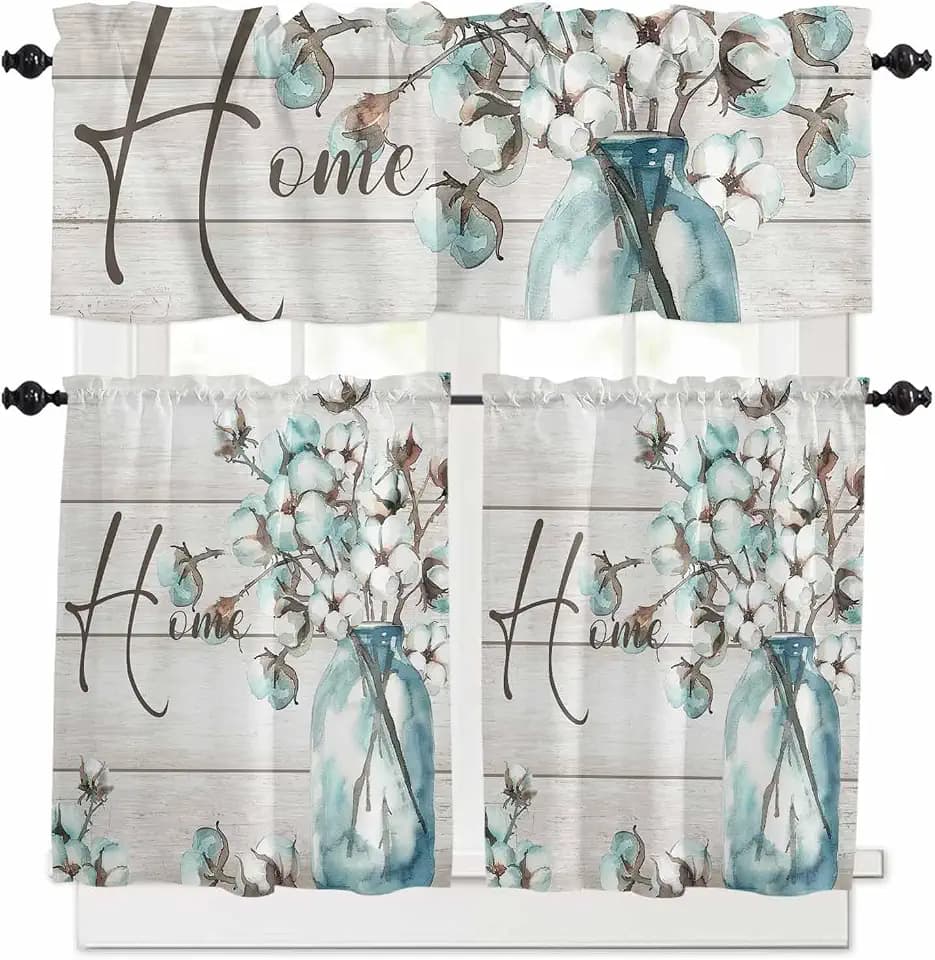 Wooden Plank 3pcs Kitchen Curtain Valance and Tiers Set, Small Window Treatment Valance Curtain Insulated Blackout Drapes with 2 Tiers Curtains for Kitchen Bathroom, Forever Home Mason Jar Floral