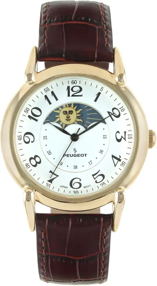 Peugeot Men's 14K Gold Plated Vintage Moon Phase Leather Dress Watch