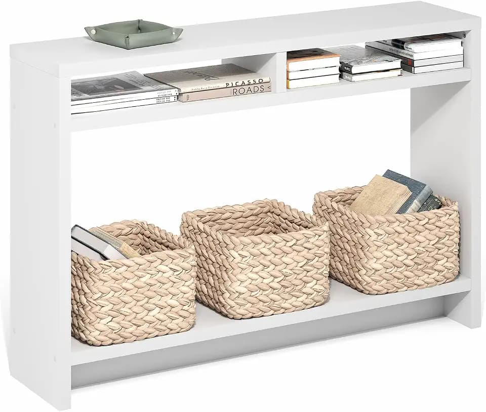 Furinno Viola Entryway Table, 3-Tier Narrow Console Table with Extra Thick Frame and Storage Shelf, 47.2" Wide Sofa Table, for Living Room, Home Office, Entryway, White