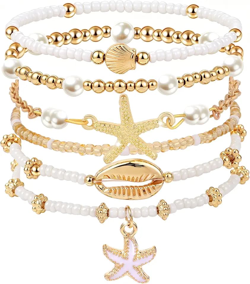 cow print Summer Beach Bracelets for Women Men, Stackable Seashell Starfish Beaded Bracelets, Seaside Holiday Vacation Party Birthday Gifts for Women Surfers Friends Her Him Family