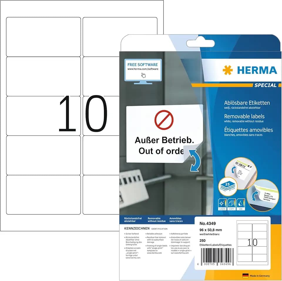 HERMA 4349 Universal Etiketten ablösbar, 25 Blatt, 96 x 50,8 mm, 10 pro A4 Bogen, 250 Stück, selbstklebend, bedruckbar, matt, blanko Papier Klebeetiketten Aufkleber, weiß