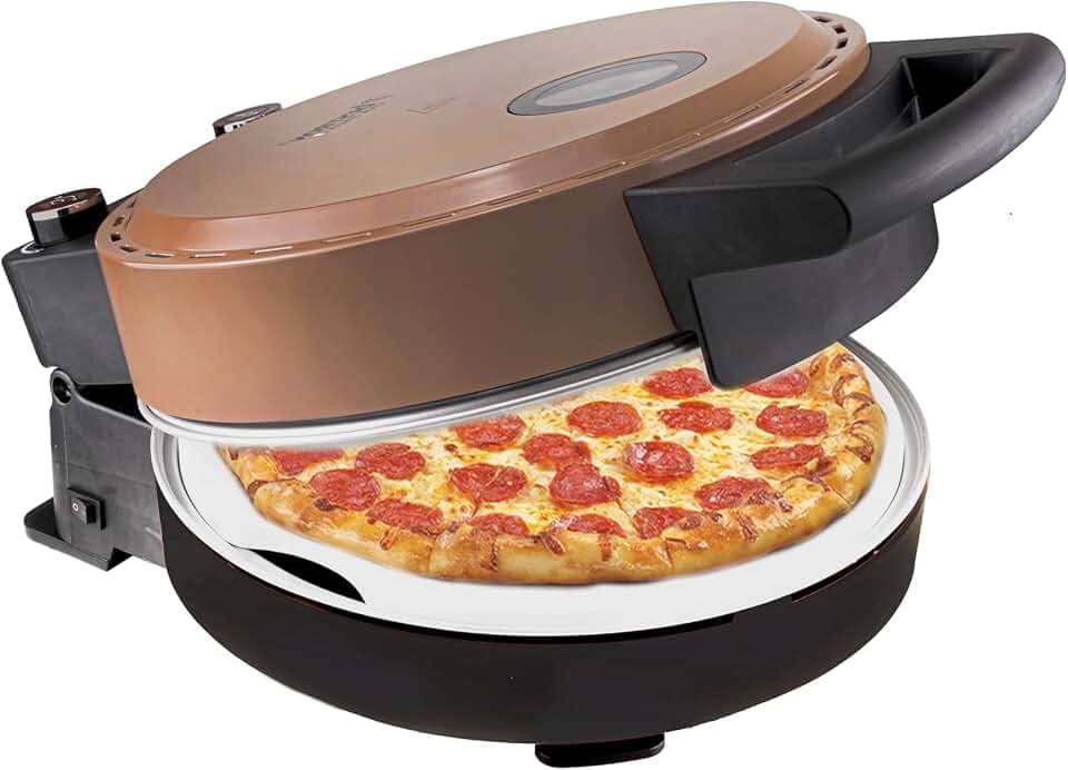 Bestron Pizzaofen für knusprige Pizzen in 5-10 Minuten, elektischer Pizzaofen mit bis zu echten 320°C Höchsttemperatur, inkl. Schamottstein & 2 große Holzspatel, Copper Collection, Farbe: Kupfer