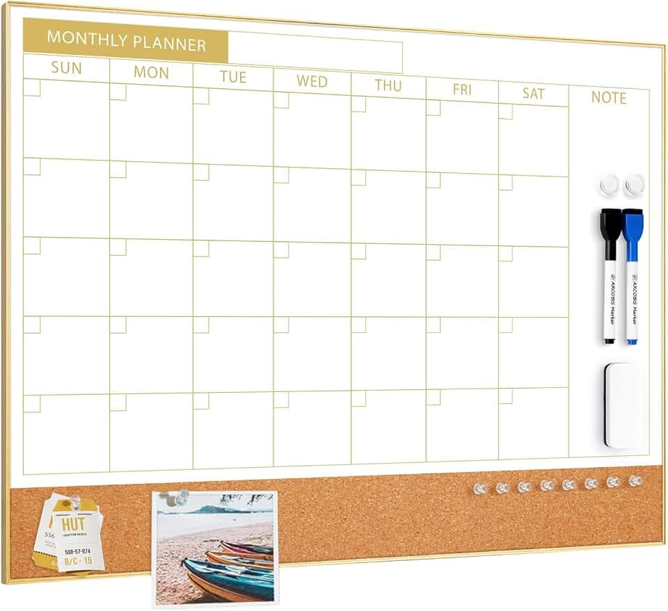 Whiteboard-Kalender & Korkboard-Kombination, 60 x 45 cm, Magnetisches Whiteboard mit Kalender, Goldener Rahmen, Monatsplaner für Büro, Zuhause, Schule