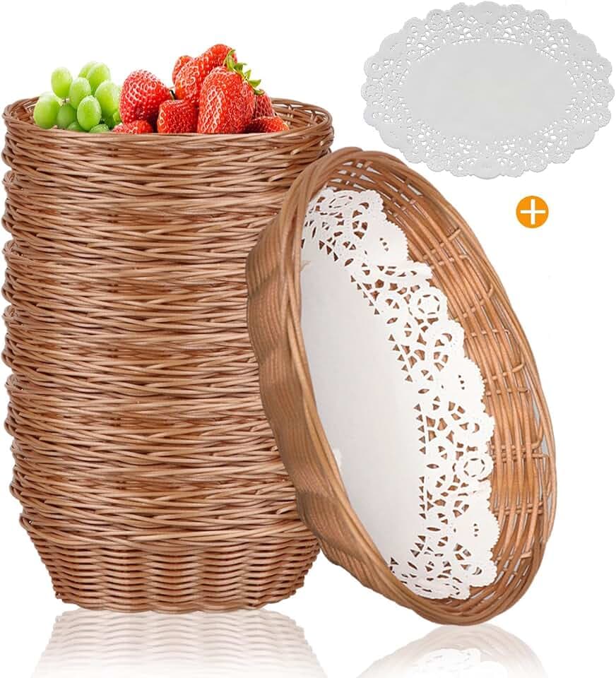 12 Pcs Oval Small Plastic Bread Basket, Wicker Basket for Serving 2.36x9x6.4 Inch Woven Food Storage Basket, Fruit Basket, Gift Basket (Comes with Food Blotting Sheets) Brown