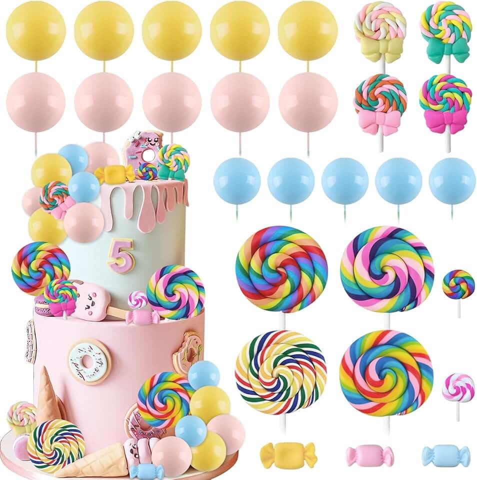 Candyland Cake Topper 28PCS Lollipop Cake Decorations Colorful Ball Cake Toppers Candy Cake Topper Sweet One Cake Toppers with Lollipop Donut Bow for Sweet Ice Cream Theme Party