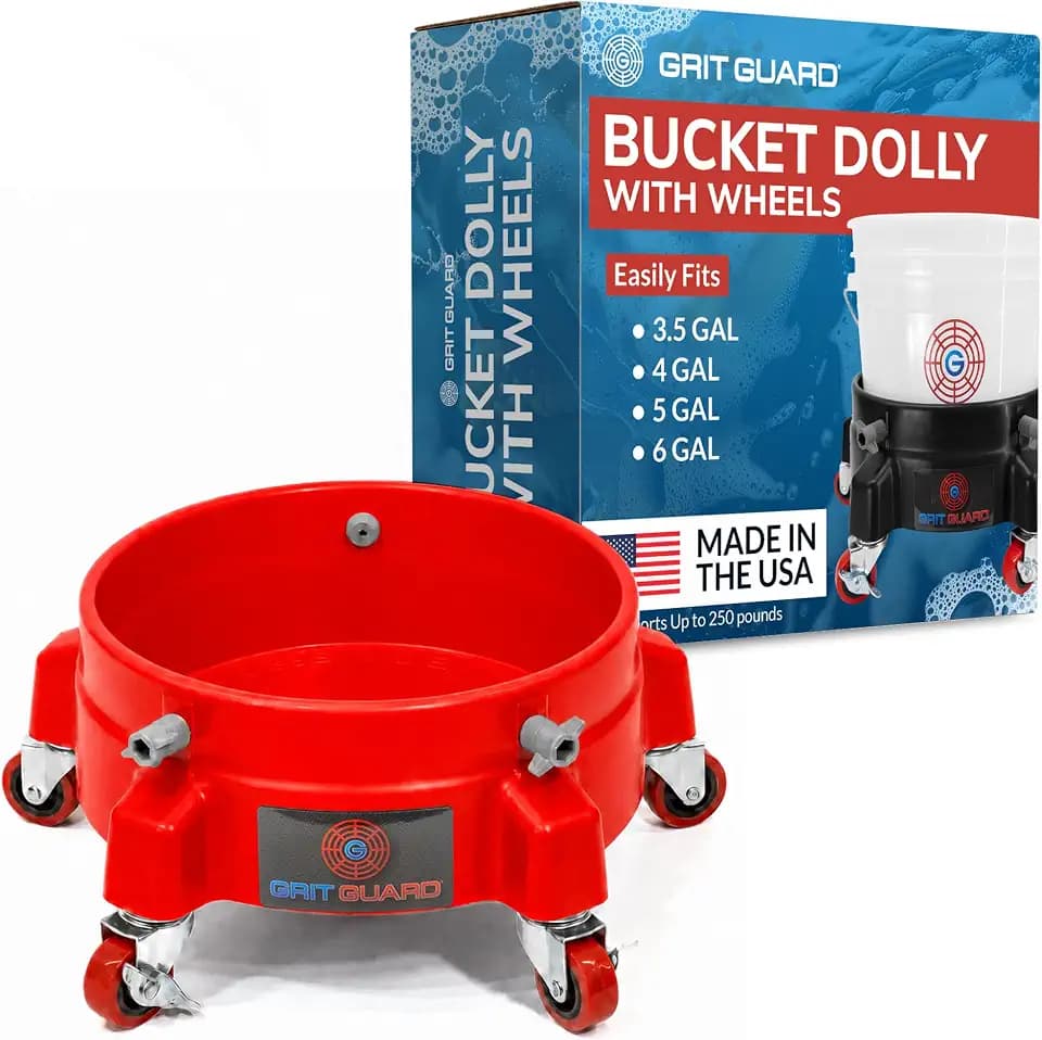 Grit Guard Bucket Dolly with Wheels - Rolling Detailing Wash Bucket with 5 Wheels and 2 Locking Casters Compatible with 2.5, 4, 5 and 6 Gallon Buckets (Red, 2" Red Casters) - Made in the USA