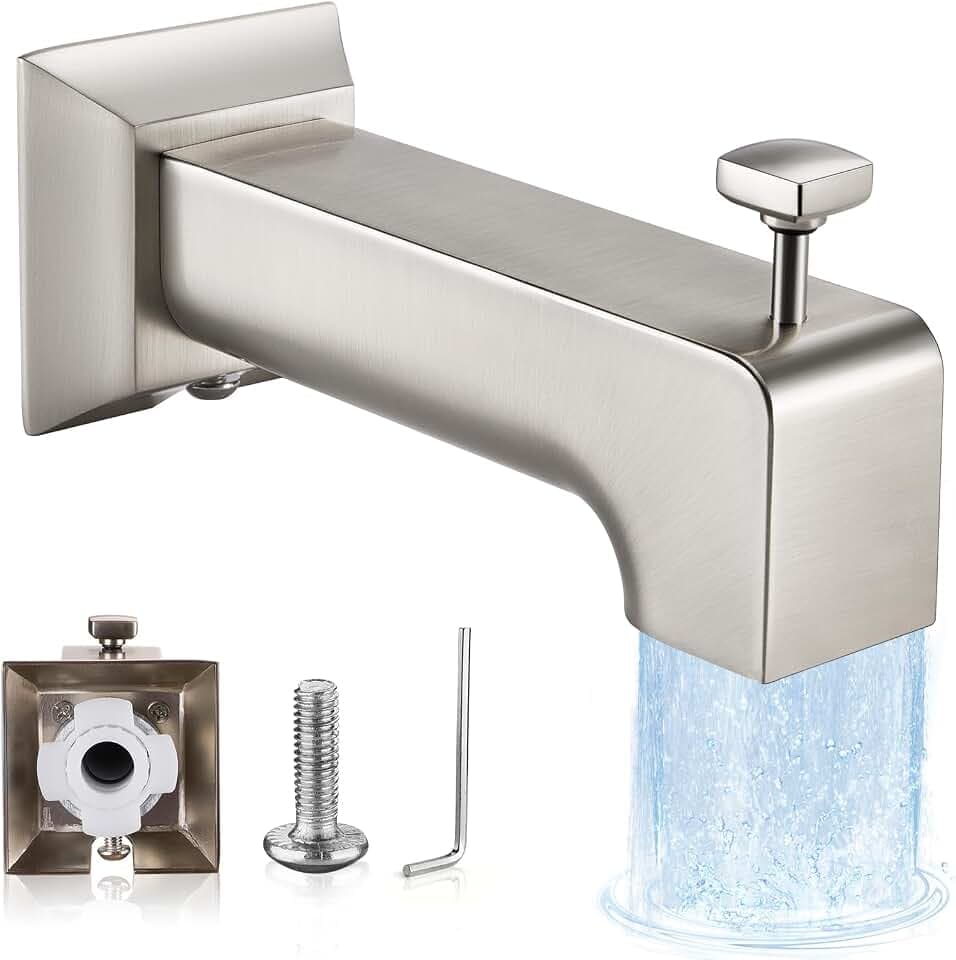 Tub Spout with Diverter, 6.3 Inch Bathtub Spout Replacement for 1/2" Copper Pipe, Square Design Slip-Fit Tub Faucet with Pull Down Diverter, Easy Install Bath Tub Spout for Shower (Brushed Nickel)