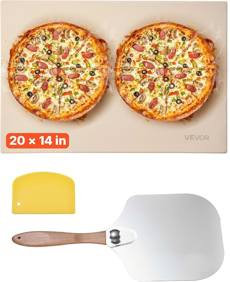 VEVOR Pizzastein Backstein 508 x 355 mm, rechteckiger Cordierit-Pizzastein, extra große Steinplatte mit Schaber & Schaufel, 1,5 cm dick, hitzebeständig, für Küchenofen Brotbacken Pizzabacken
