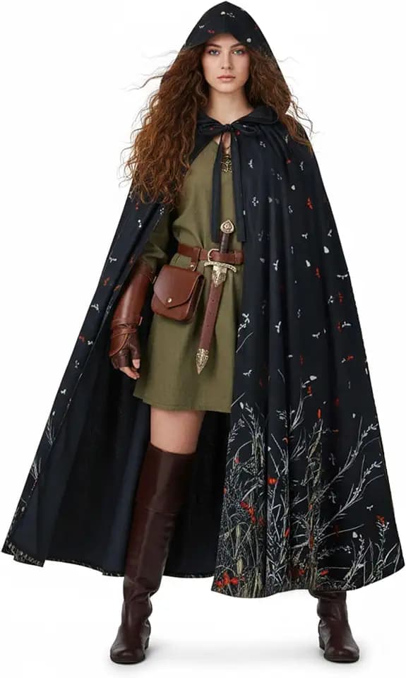 Unisex Velvet Printed Hooded Medieval Cloak Renaissance Cape with Hood