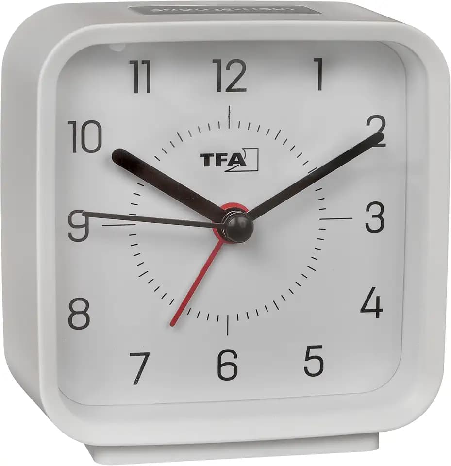 TFA Dostmann Analoger Wecker batteriebetrieben, 60.1044, inkl Quarzuhr, Nicht tickend, für Schlafzimmer/Wohnzimmer/Küche, mit Schlummerfunktion, inkl Hintergrundbeleuchtung, weiß-grau