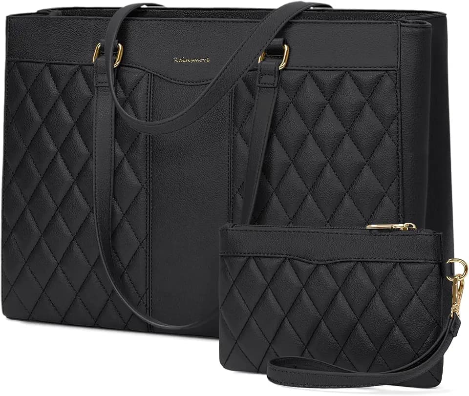 RAINSMORE Laptop Bag for Women 15.6 Inch Work Tote Bags Waterproof Leather Computer Handbag Professional Laptop Purse Womens Briefcase Tote with Clutch for Teacher Office Travel, Black