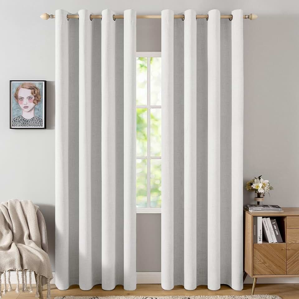 MIULEE 100% Blackout Linen Curtains for Bedroom 52x84 Inch Heathered White