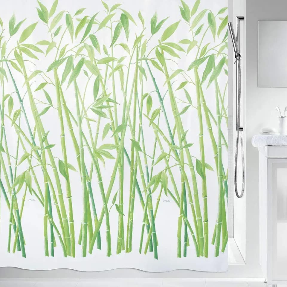Spirella Anti-Schimmel Duschvorhang 10.42057 - Anti-Bakteriell, waschbar, wasserdicht, mit 12 Duschvorhangringen - Polyester, „Bambus“ 180x200cm