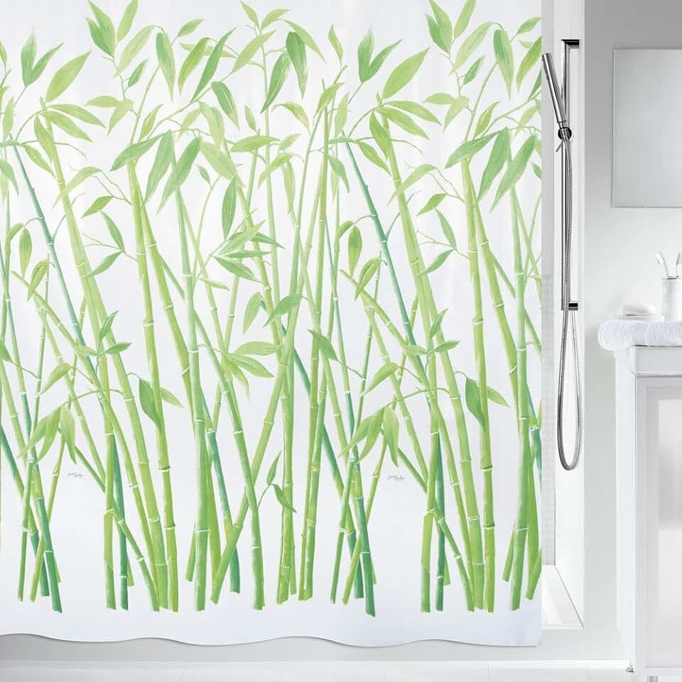 Spirella Anti-Schimmel Duschvorhang - Anti-Bakteriell, waschbar, wasserdicht, Polyester, „Bambus“ 180x180cm Grün Weiß