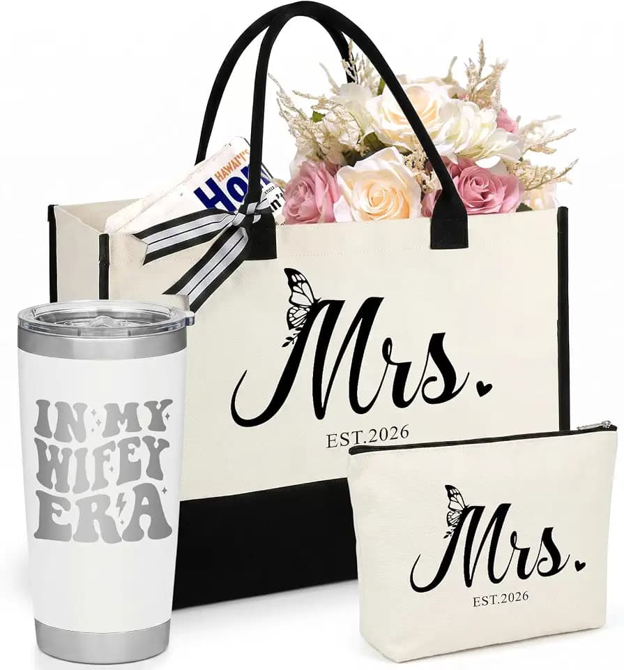 Physkoa Bridal Shower Gifts–Gift for Bride to be-3 Piece Bride Gift Set with Tumbler, Tote, Makeup Bag-Bachelorette Gifts
