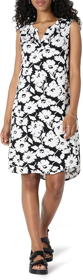 Amazon Essentials Women's Sleeveless V-Neck Woven Shift Dress with Curved Shirttail Hem, Breathable Drapey Fabric