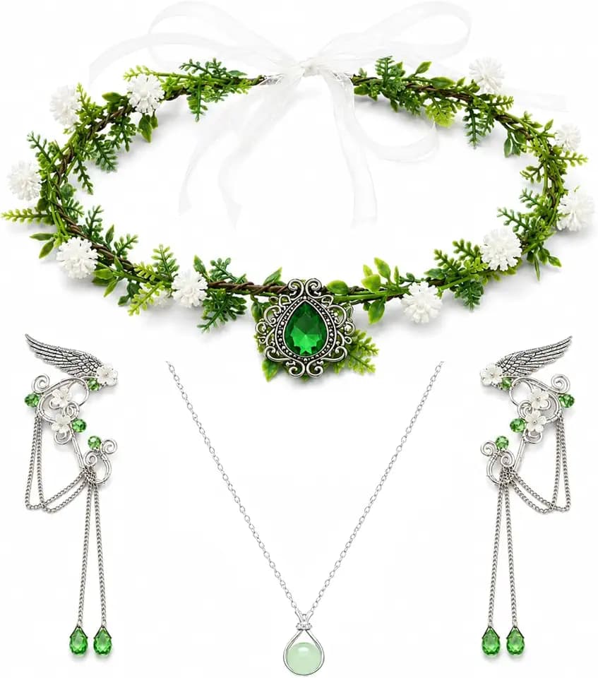 Fairy Flower Leaf Crown Headpiece Set with Elf Ear Cuffs and Necklace, Elven Princess Tiara for Women, Halloween Cosplay Costume Accessories for Renaissance Festival, Photoshoot, Wedding