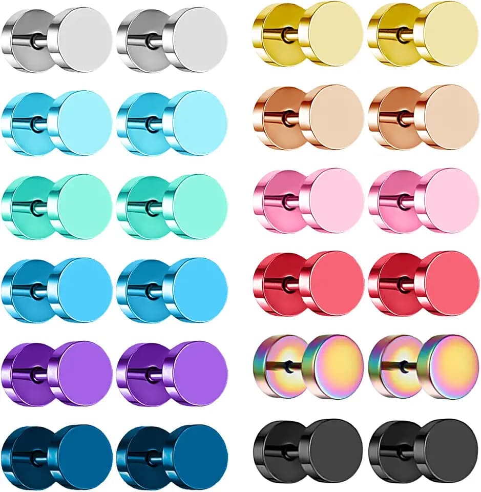 NEWITIN 12 Pairs Dot Stud Earrings for Men Faux Gauges Hypoallergenic Ear Tunnel Earring Surgical Steel Screw Flat Back Round Ear Studs for Women