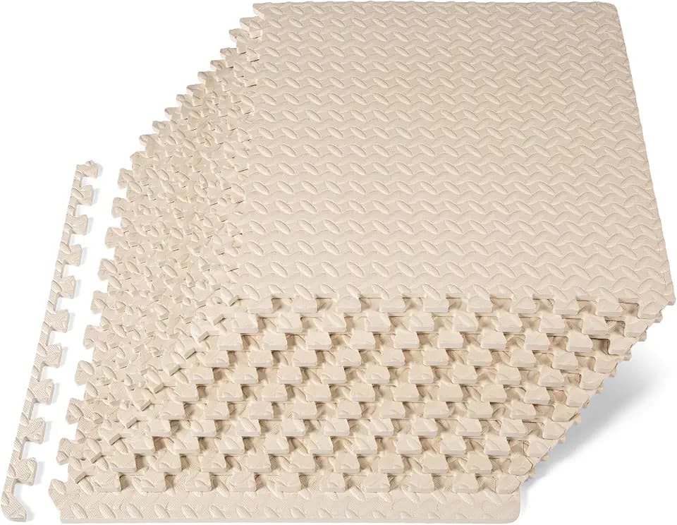 ProsourceFit Exercise Puzzle Mat 1/2-inch, EVA Interlocking Foam Floor Tiles for Home Gym, Workout Equipment, Kids Play Areas, Beige, 48 SQ FT - 12 Tiles