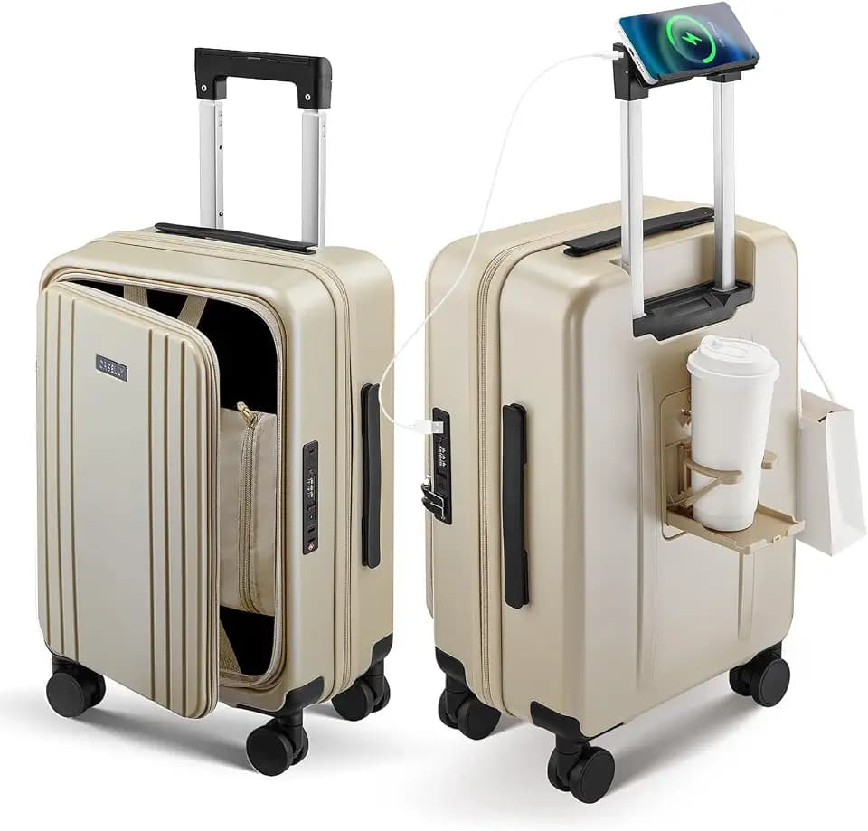 Carry On Luggage with Top Opening, Expandable with Cup Holder and USB Charging Port, Hard Shell Suitcases with Spinner Wheels, Phone Mount, Side Hooks (Khaki, 20inch（EXT）)
