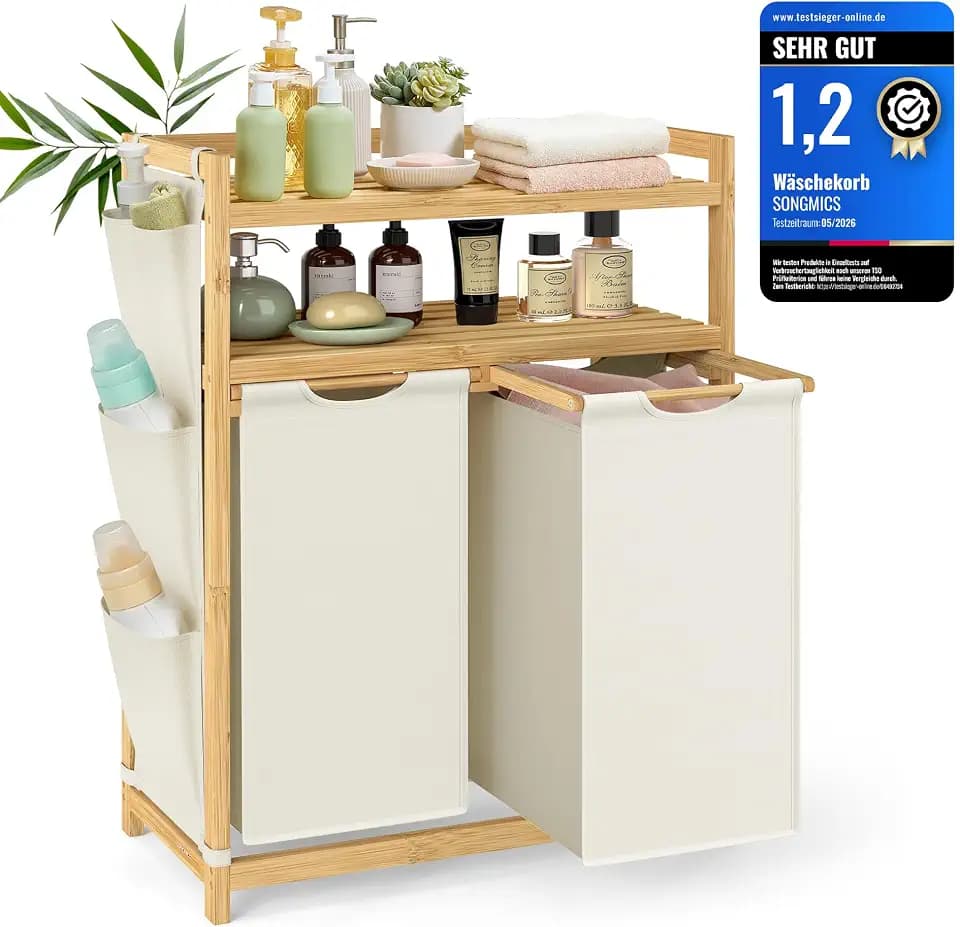 SONGMICS Wäschekorb 2 Fächer, Bambus, 100 L, mit 2 Ablagen