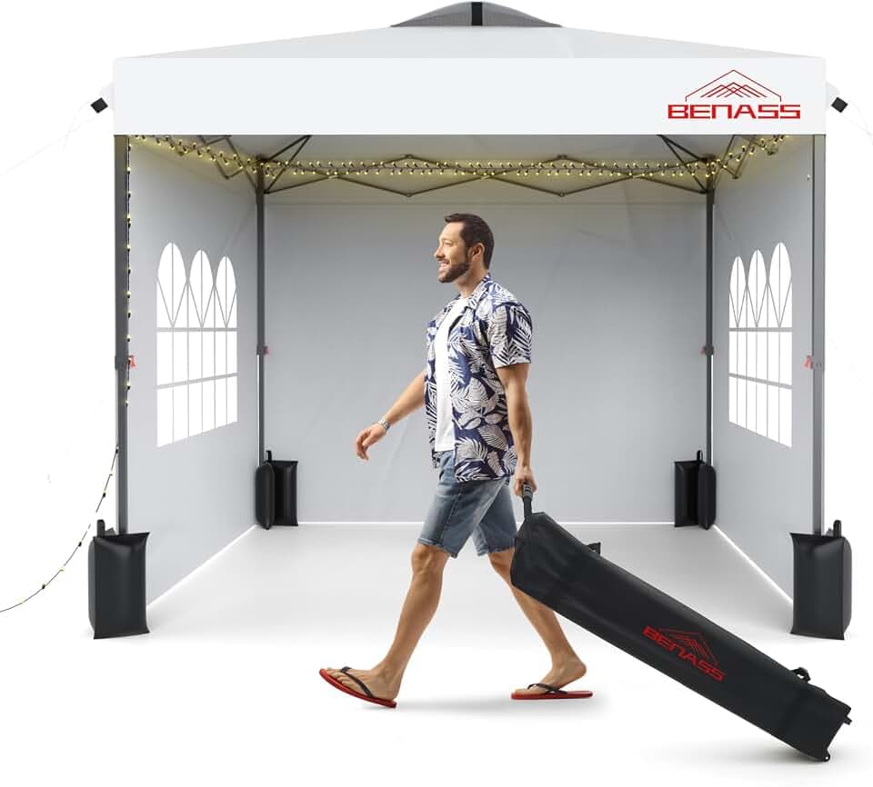 10x10 Pop Up Canopy with Sidewalls, Easy Up Canopy Tent, Heavy Duty Tents for Parties, One Person Set Up Event Tent, White