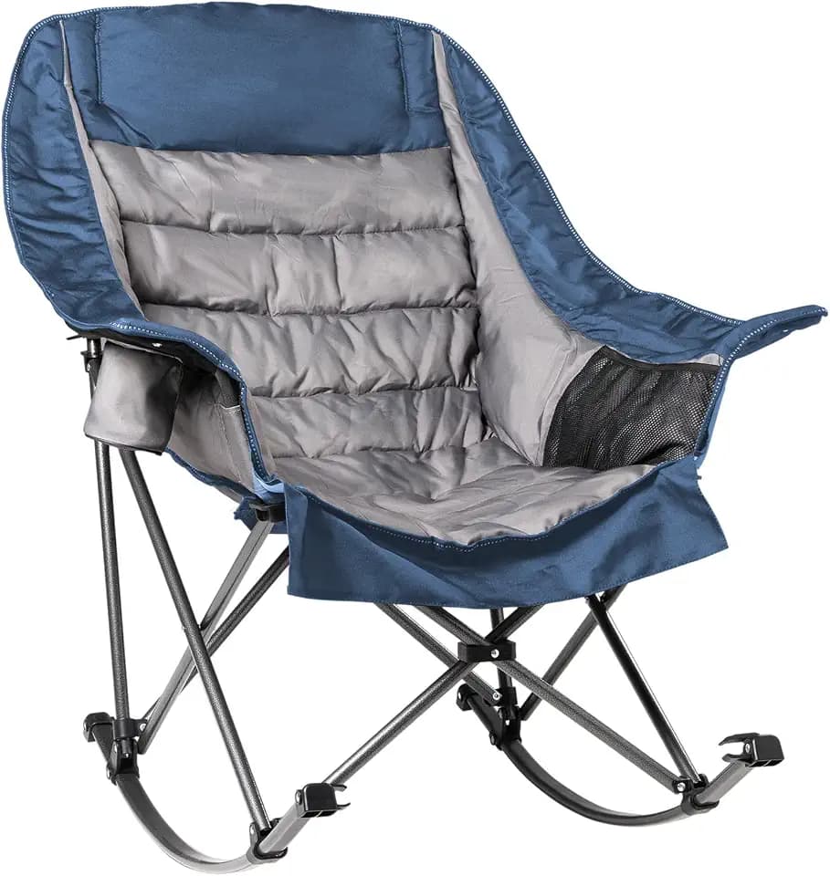 Oversized Rocking Camping Chair for Adults - 400lbs Capacity Padded Camp Chair with Cup Holder, Portable Foldable Outdoor Rocker Chair for Camping, Backyard, Patio (Blue & Gray)