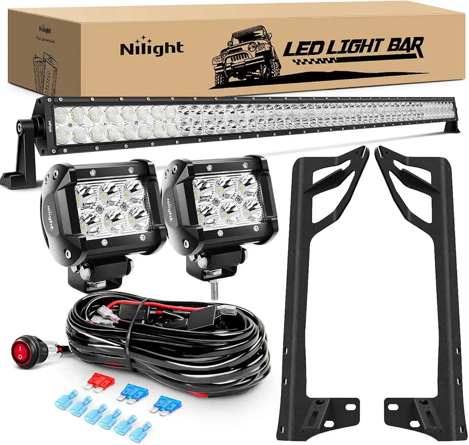 Nilight 52Inch Led Light Bar Spot Flood 2Pcs 18W 4Inch Spot LED Pods Windshield Frame Mounting Bracket on Wrangler JK 2007-2017 with Off Road Wiring Harness- 3 Leads