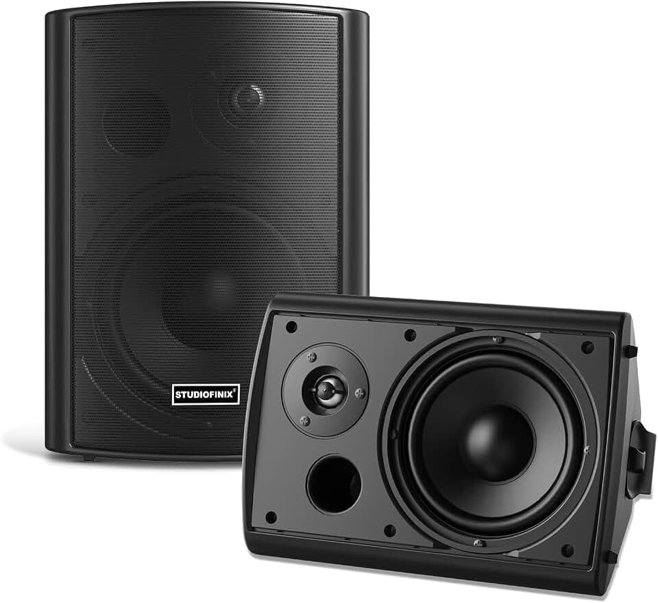 STUDIOFINIX 6,5-Zoll-Lautsprecher (400 W) für drinnen und draußen, wasserdicht, mit Bluetooth 5.1 und Wandhalterung, drahtlose Synchronisierung mehrerer Lautsprecher über IR-Fernbedienung, für Terrass