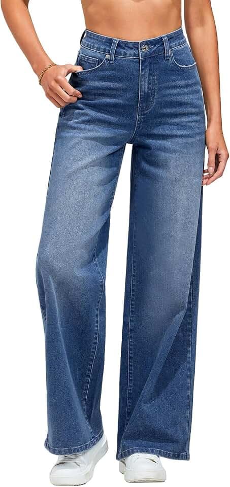AirZeal Baggy Jeans for Women High Waisted Loose Fit Wide Leg Denim Pants Casual Stretchy Boyfriend Denim Pants