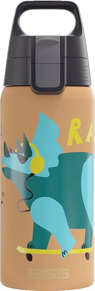 Sigg - Isolierte Trinkflasche Kinder - Shield Therm One Rawsome - Kohlensäuregeeignet - Auslaufsicher - Spülmaschinenfest - BPA-frei - 90% recycelter Edelstahl - Sandbraun mit Dinosaurier - 0,5L