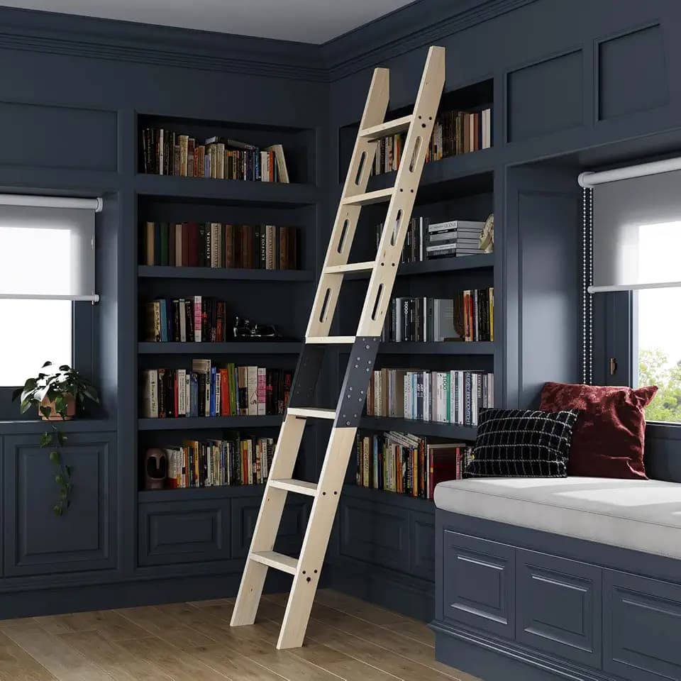 Rolling Library Ladder 8ft,450lbs Capacity,7 Steps with Build-in Handrail,Solid Wood,Easy Assembly for Loft Bookshelf Kitchen Attic Outdoors,DIY Stain (No Sliding Hardware)