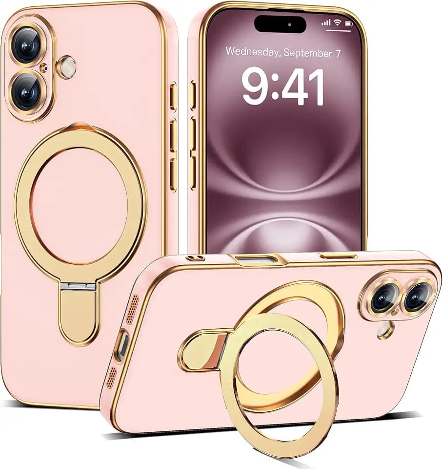 Plating Phone Case for iPhone 16 with Stand 6.1", Solid Pink
