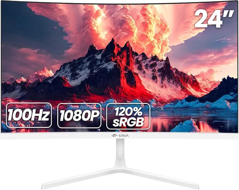 CRUA 24" FHD 100Hz Curved Monitor, 120% sRGB, HDMI/VGA, Frameless, White