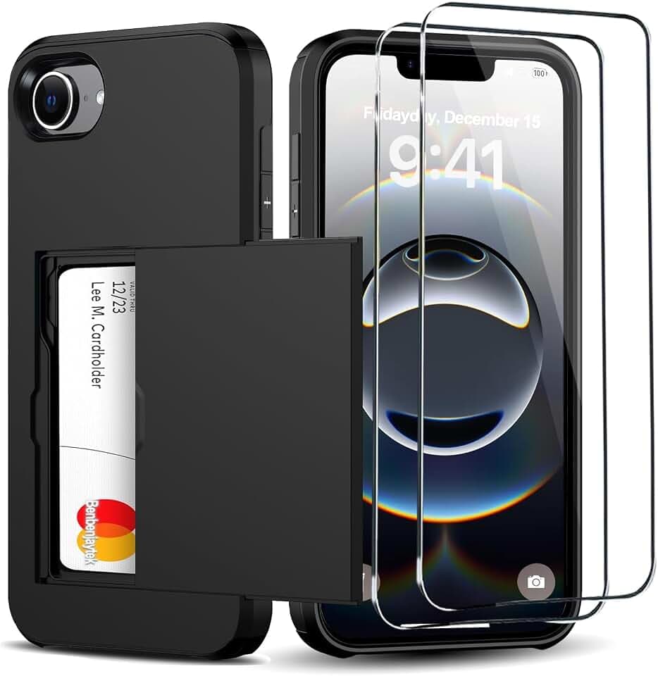 for iPhone 17e/iPhone 16e Wallet Case with Card Holder + 2 Tempered Glass Screen Protector Protective Shockproof Hidden Card Slot Case Women Men for iPhone 17e/16e 6.1"(Black)