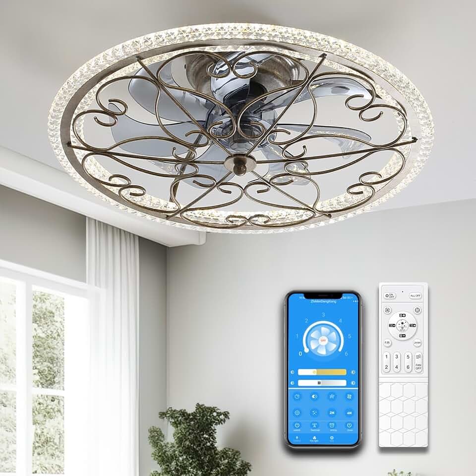 lifeholder Low Profile Ceiling Fan with Lights Remote 20" Ceiling Fan Flush Mount Enclosed Ceiling Light Dimmable Ceiling Lights Chandeliers Handmade Antique Vintage Silver