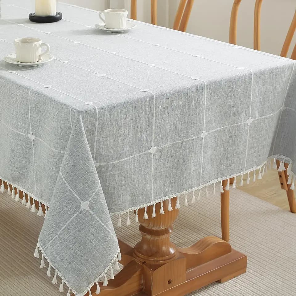 JIALE Rectangle Table Cloth, Heavy Duty Cotton Linen Waterproof Tablecloths Farmhouse Tablecloth, Soft and Wrinkle Free Table Cover with Tassels, 55''x70'', Grey Gingham