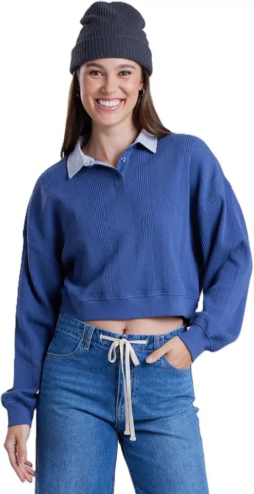 Unionbay Women's Cropped Rugby Style Long Sleeve Polo
