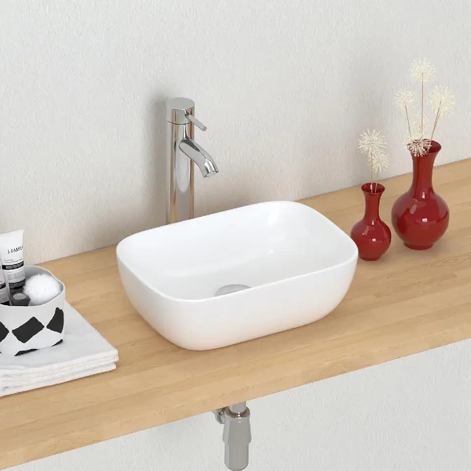 J-FAMILY 36,8 x 25,4 cm großes kleines Gefäß, Waschbecken über der Theke, weißes Porzellan-Keramik-Spülbecken, kleines Waschbecken, Waschtisch, Handwaschbecken