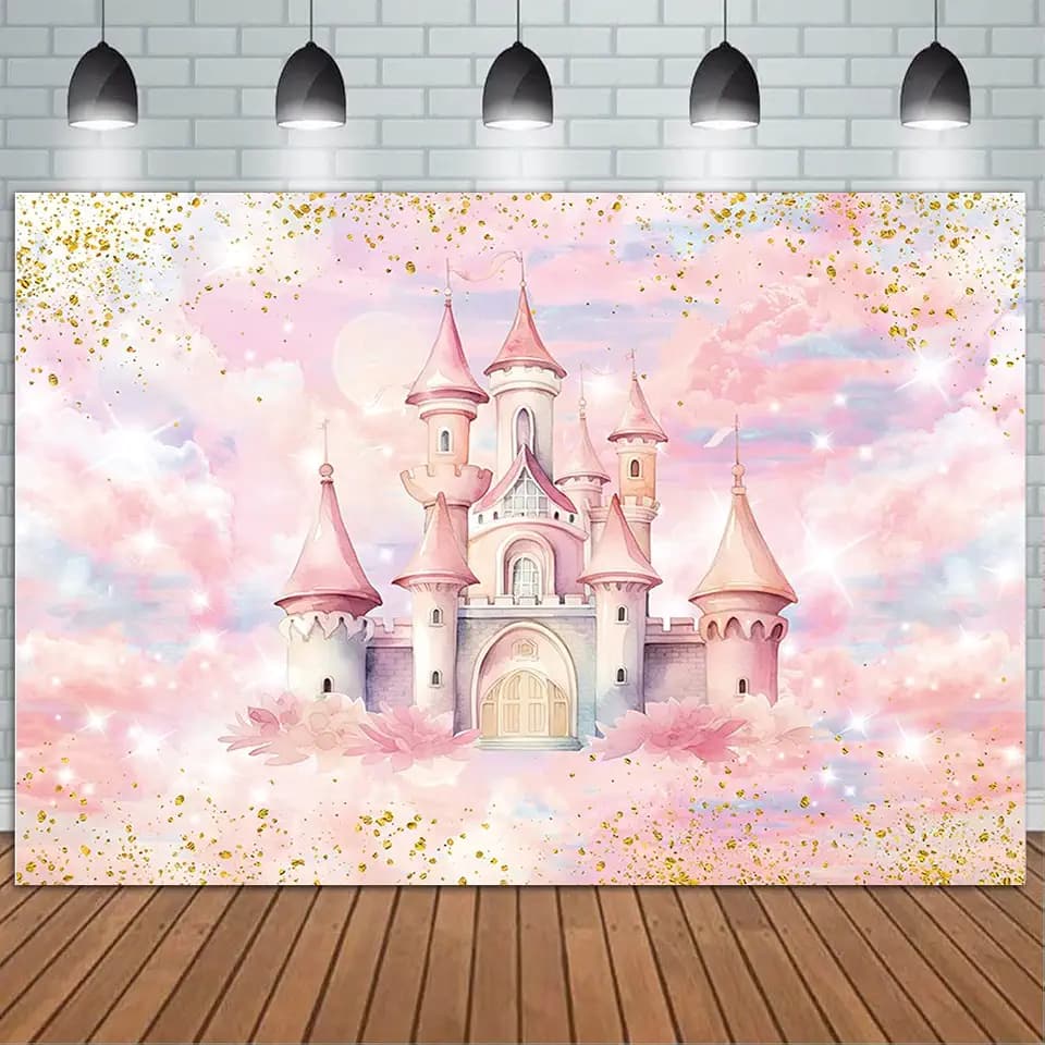 Pink Princess Castle Backdrop for Girl Birthday Watercolor Pastel Rainbow Pink Castle Birthday Party Photography Background Gold Dots Happy Birthday Decorations Supplies Photo Booth Props (7x5ft)