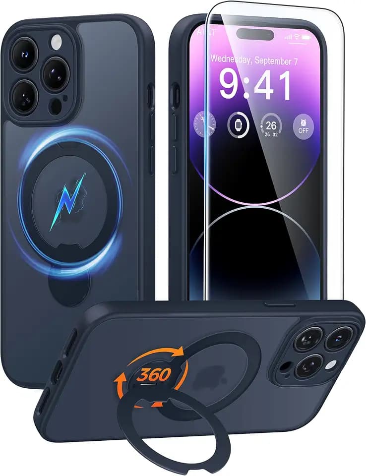 FNTCASE for iPhone 14 Pro Max Case with 360 Spin Magnetic Stand Deep Blue