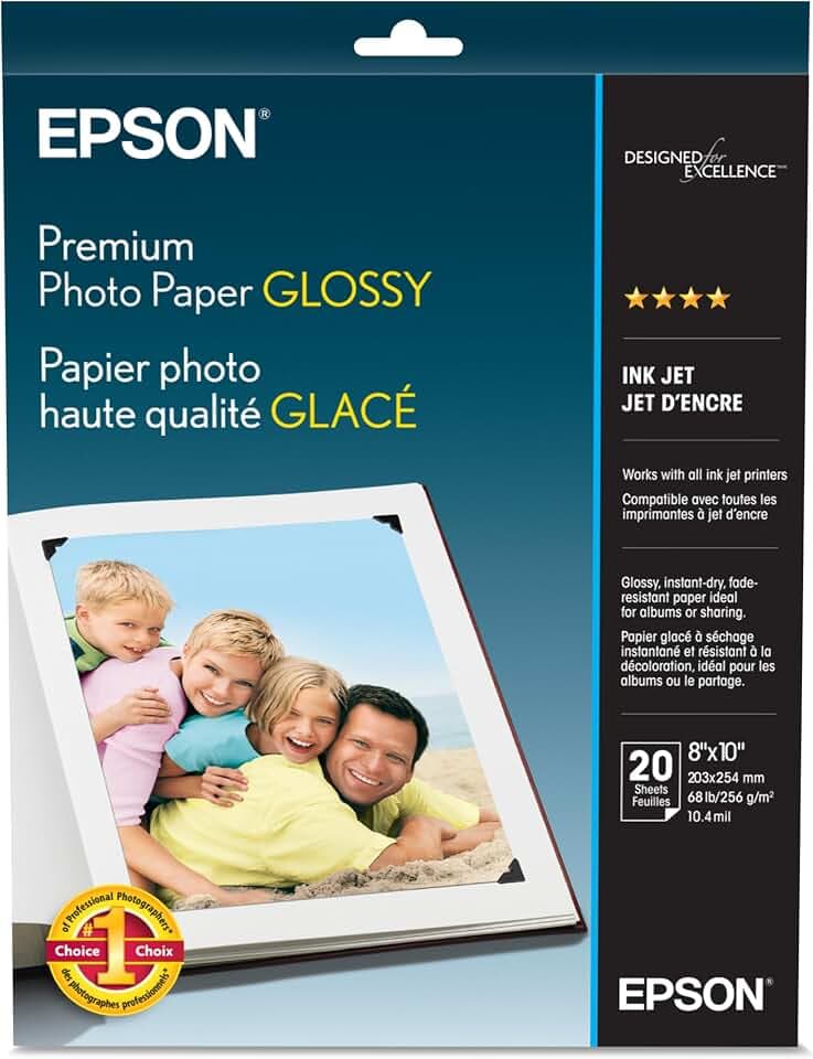 Epson Premium Photo Paper Glossy, 20 sheets, 8x10 Borderless, (S041465)