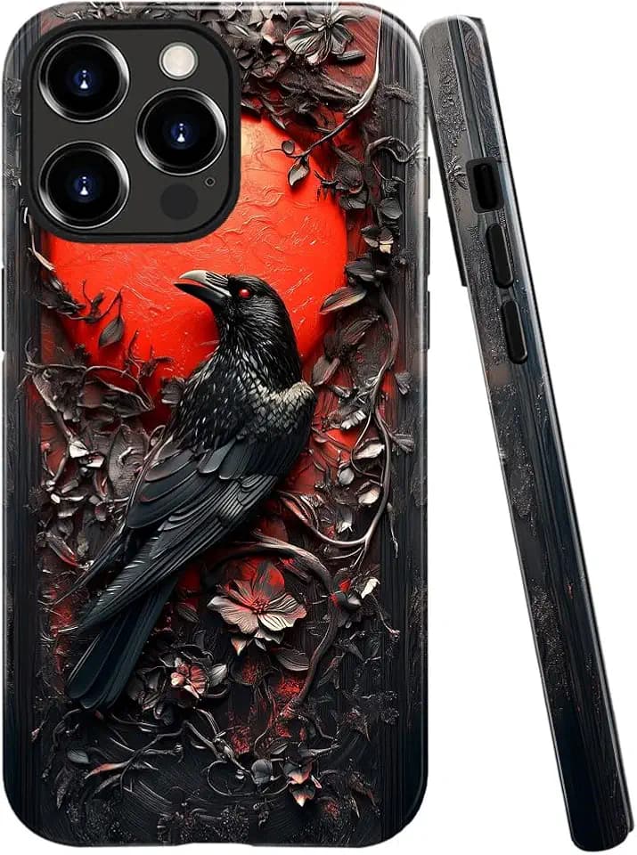 DAIZAG Case Compatible with iPhone 14 Pro,Glossy Durable Shock Protection Cover for Girl Women,Crow Bird Moon Gothic Dark Wooden