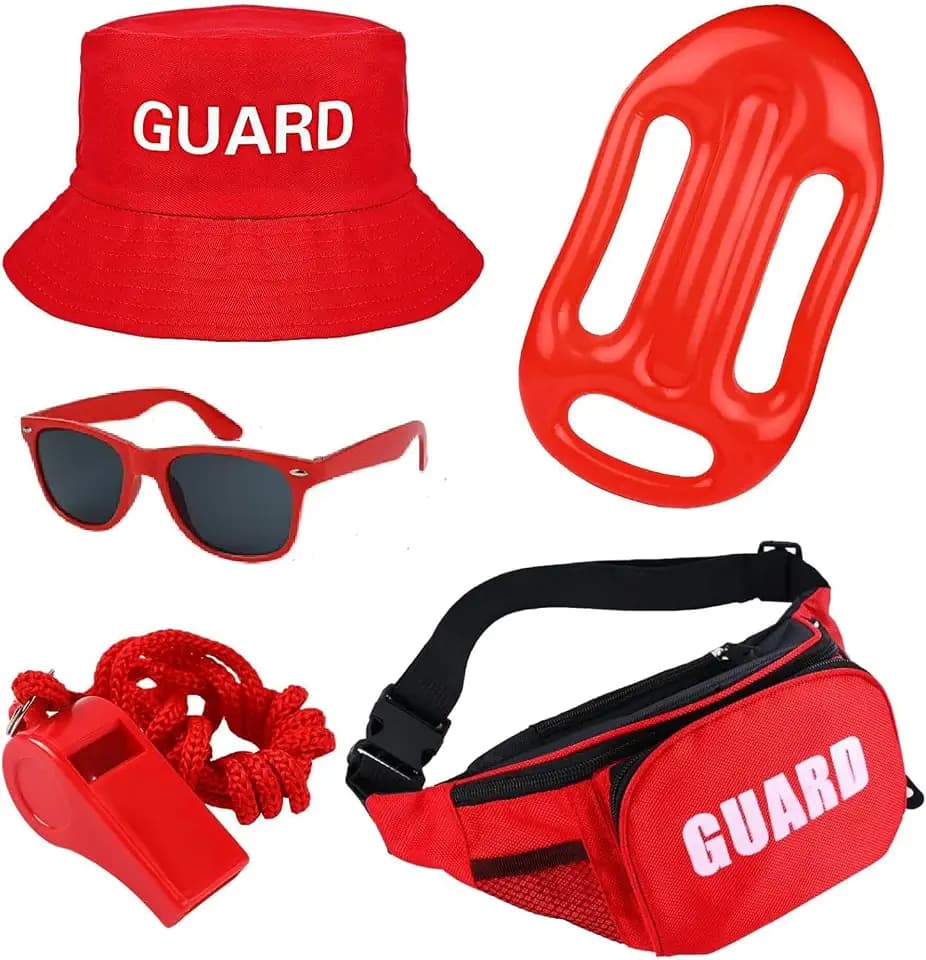Guard Costume Set: Red Sun Visor Hat, Fanny Pack with First Aid Zipper Pouch