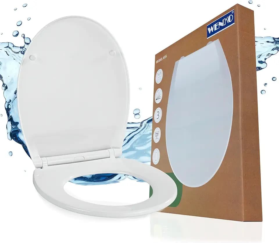 WENKO Toilettendeckel mit Absenkautomatik, hohe Belastbarkeit bis 200 kg, abnehmbar, ovaler WC Sitz, Klodeckel aus recycelbarem, bruchstabilem Thermoplast, einfache Montage, Mod. Kos, weiß