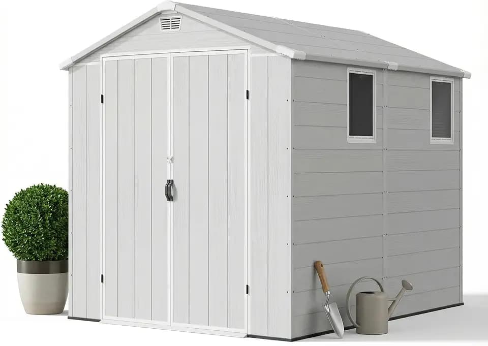 JUMMICO 6x8 XXL Gartenhaus, 9,4m³ Kunststoff-Geräteschuppen mit Boden, 185x240x210 cm, Wetterfest & Frostsicher, Ideal für Fahrräder, Rasenmäher, Gartengeräte, Hellgrau