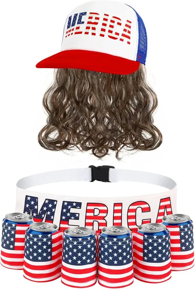 2 Pcs Fourth of July Patriotic Beverage Beer Belt Holder and USA Mullet Hat Brown Wig Costume Set Outfit Accessories Unisex Themed USA Americana Flag Merica Beer Gift