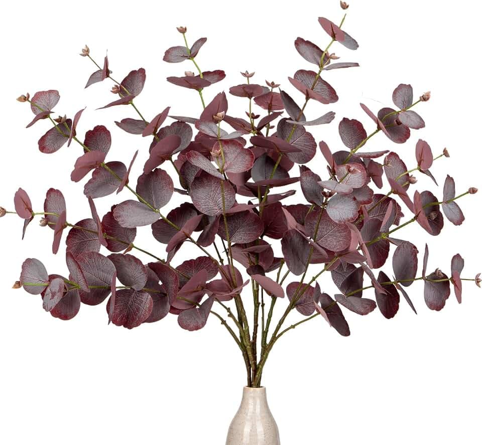 5PCS Kunstzweig Eukalyptus Künstliche Dekozweige, Rote Eukalyptusblätter Kunstpflanze Wie Echt Dekopflanzen für Hochzeit, Tafelaufsatz, Blumengesteck, Home Dekoration